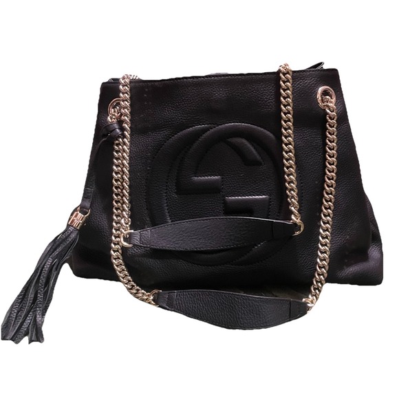 GUCCI SoHo Tote Shoulder Bag Black Leather Logo Chain Luxury Preppy - Picture 2 of 16